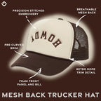 Funky Junque Premium Mesh Snapback Trucker Hat - Stylish Comfort for All - Patriotic, Humor & More Howdy (Upside Down) - Brown/Beige