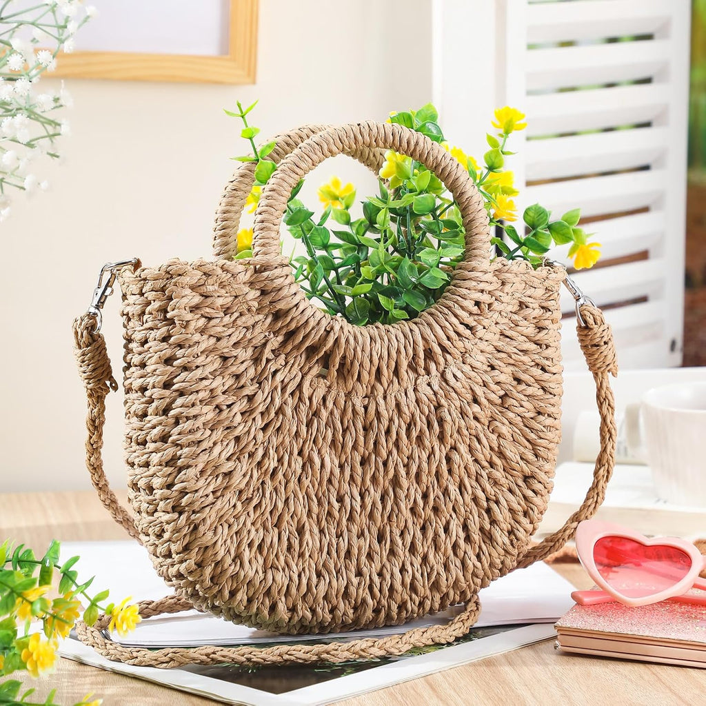 Straw Purses For Women Semi Circle Rattan Straw Purses Bulk With Handles For Women Wedding Guests Bridesmaid Gifts