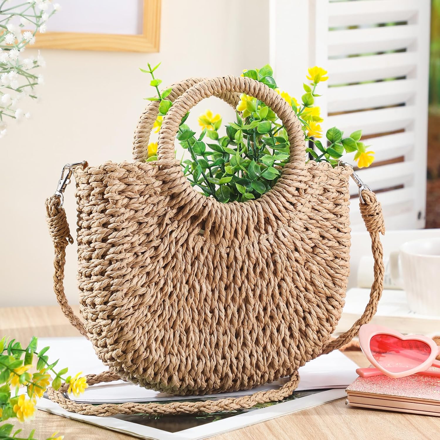 Straw Purses For Women Semi Circle Rattan Straw Purses Bulk With Handles For Women Wedding Guests Bridesmaid Gifts