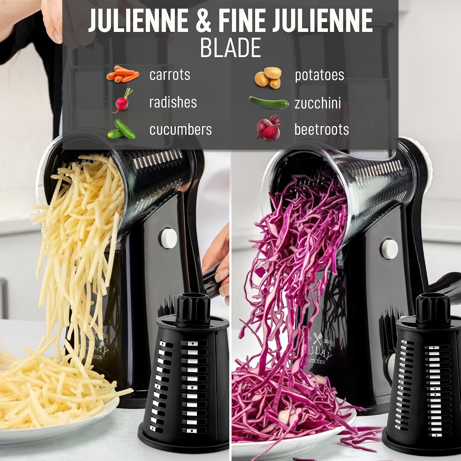 Zulay Kitchen Rotary Cheese Grater 5 Blade Cheese Shredder - Manual Hand Crank Cheese Grater With Reinforced Suction & 5 Interchangeable Drums - Easy To Use, Vegetable Chopper Round Mandoline Slicer