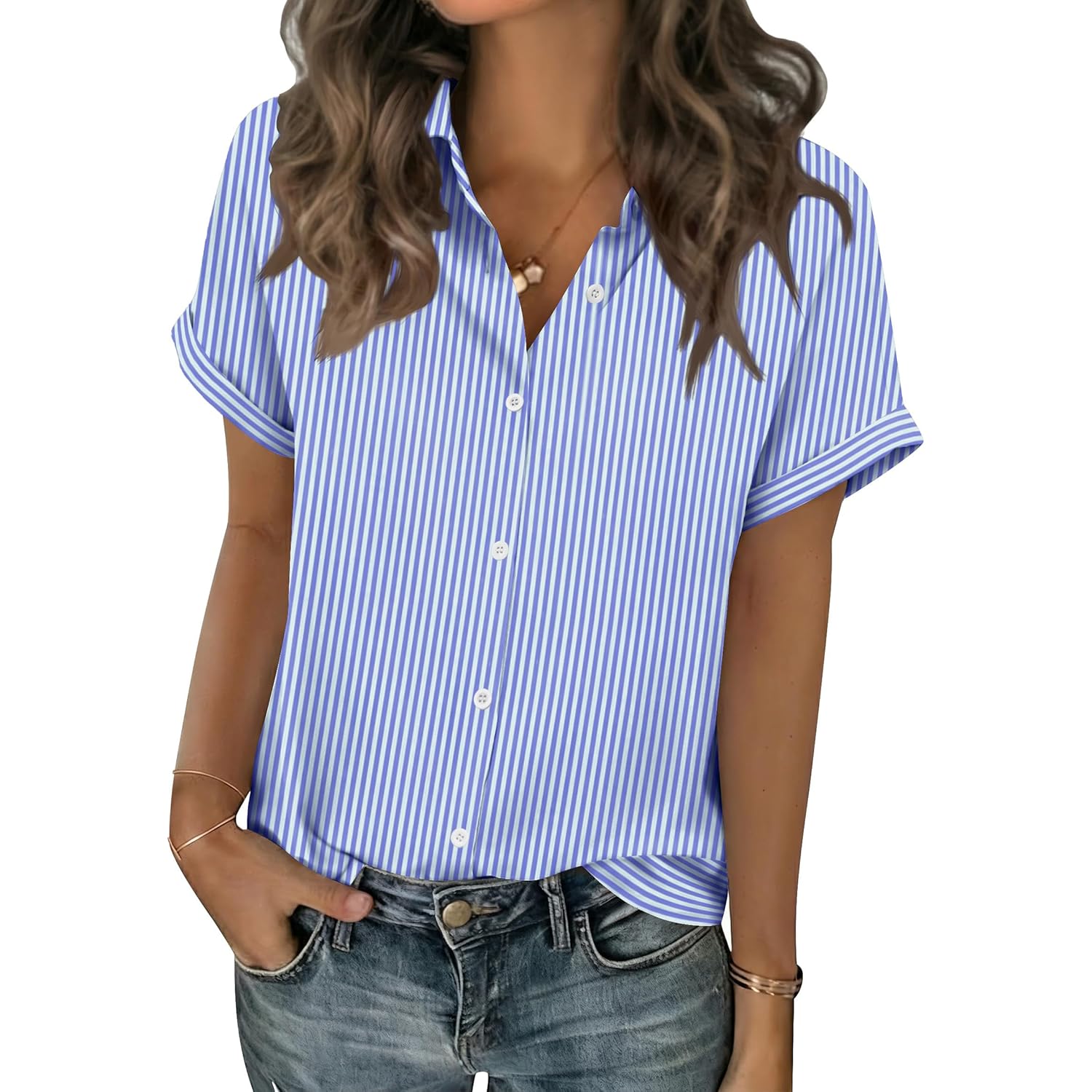 Short Sleeve Summer Tops for Women Casual Button Down Shirts Solid/Striped Business Work Blouses
