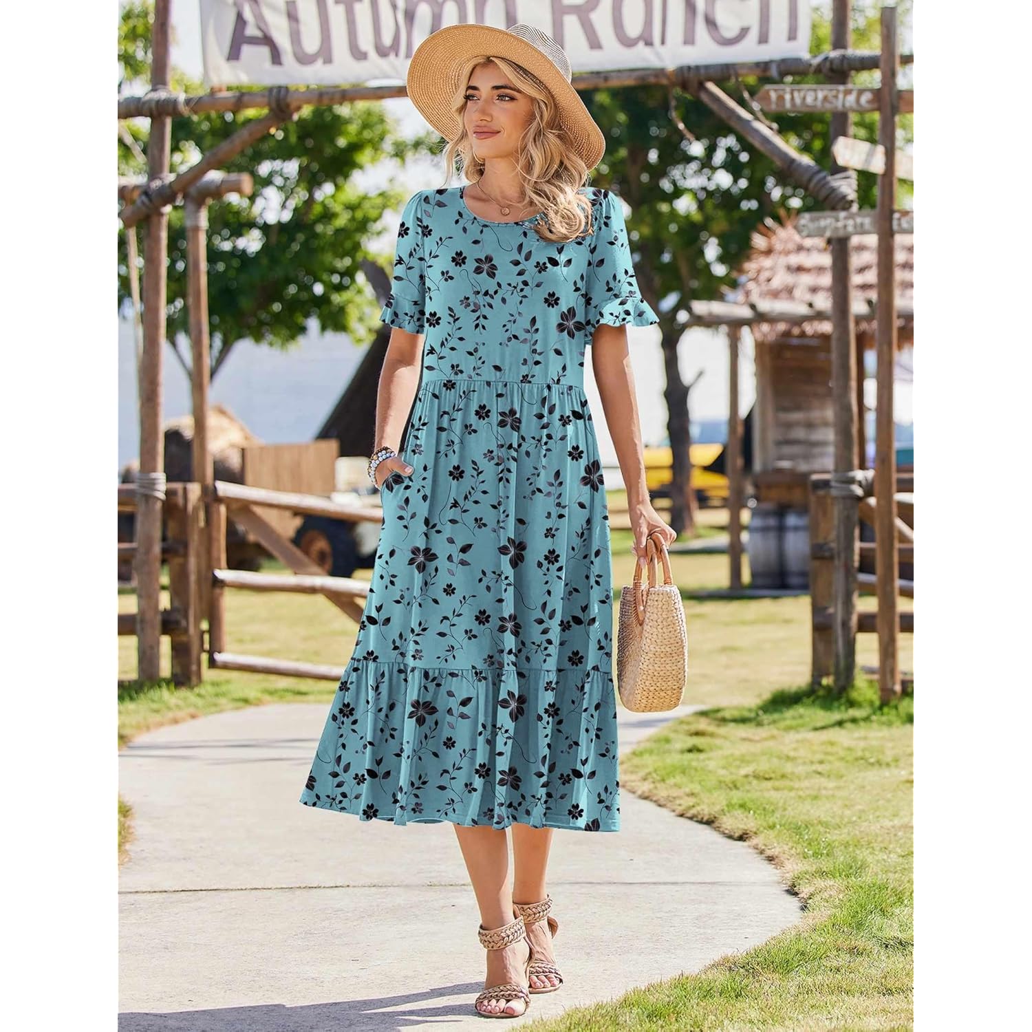 Womens Summer Dresses 2026 Casual Midi Dress Flowy Sundress Ruffle Short Sleeve Tiered Dresses A Line Boho Dress