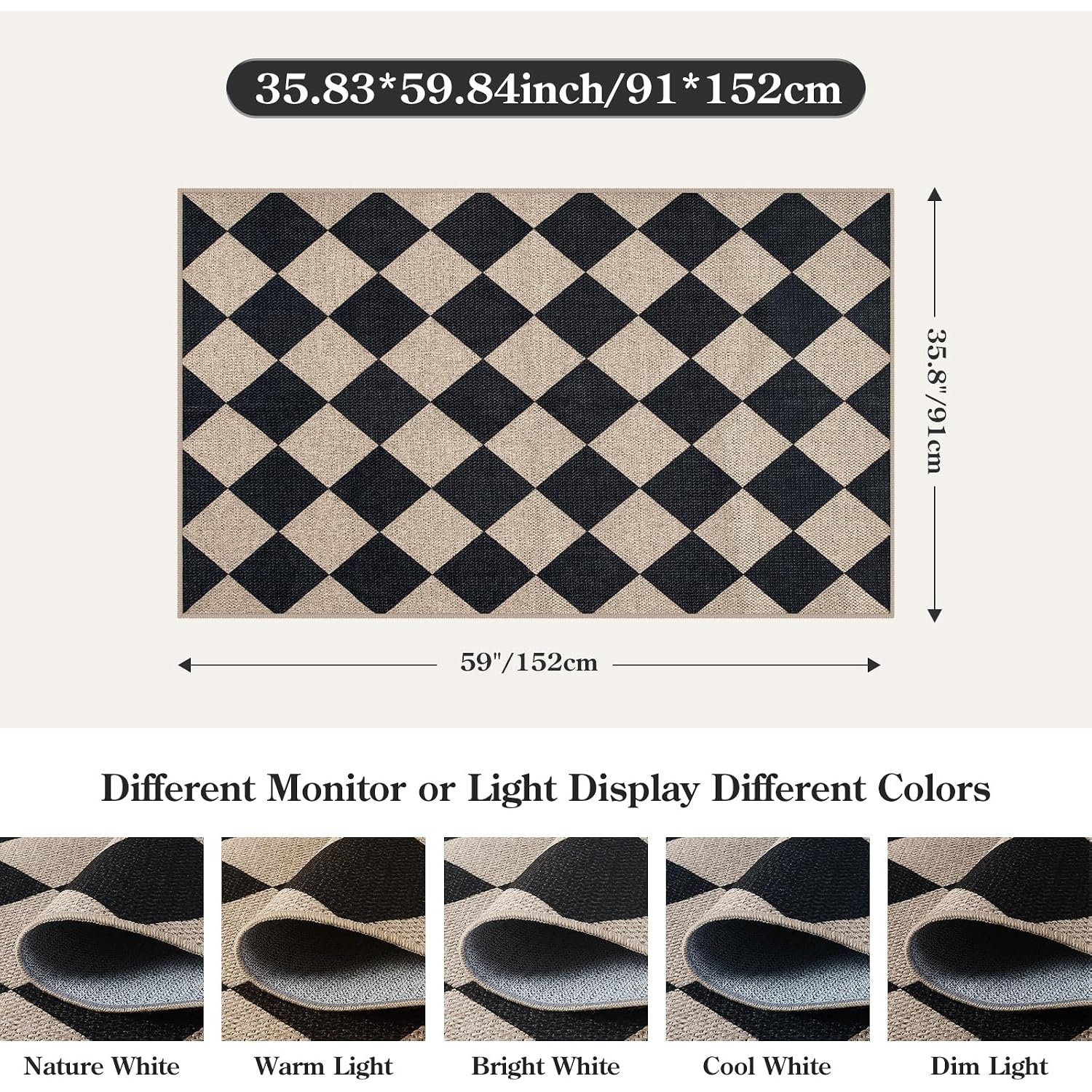 Lahome Checkered Easy Jute 3X5 Entryway Front Porch Rug, Black Diamond Indoor Outdoor Patio Layering Rug, Washable Farmhouse Neutral Non Slip Non Shedding Door Carpet For Backyard Blacony