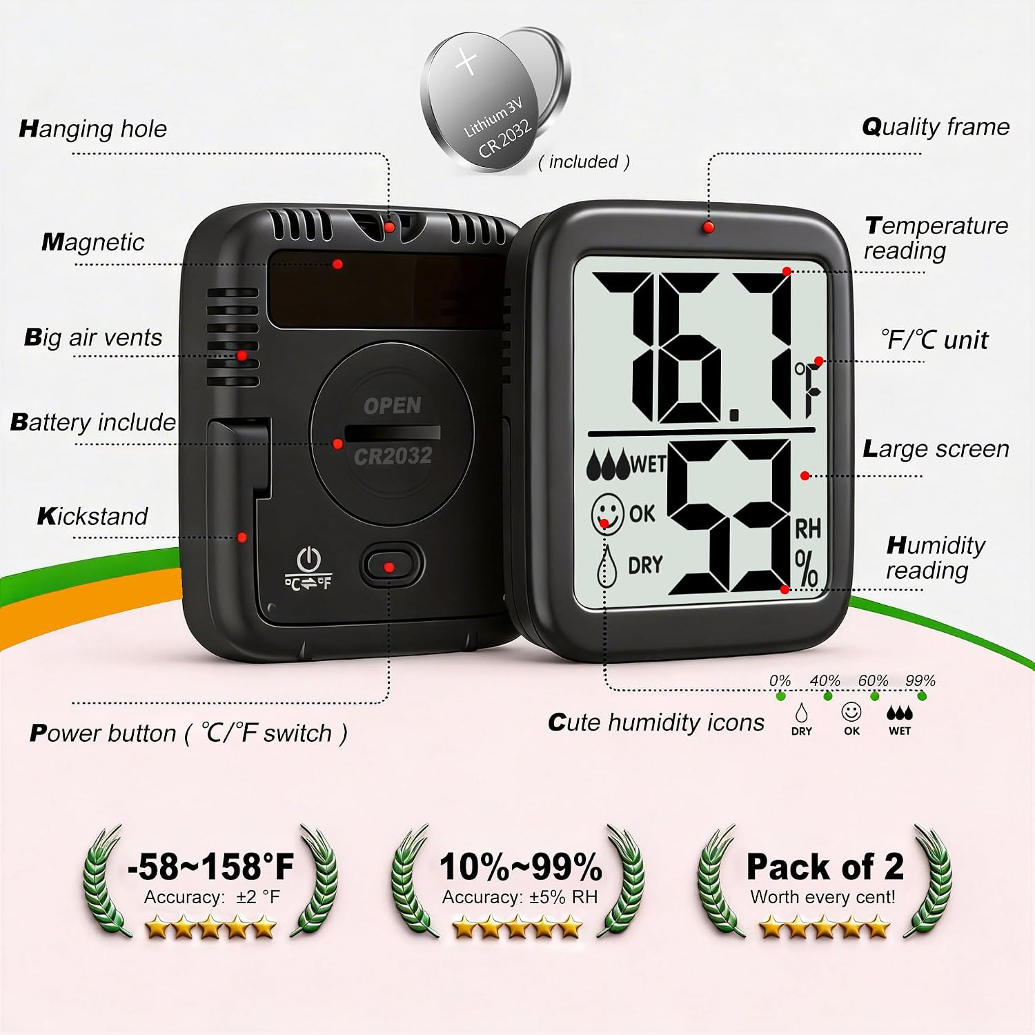 2 Pack Room Thermometer For Home, Hygrometer Indoor Humidity Meter Gauge, Digital Temperature And Humidity Monitor Sensor For House, Terrarium, Incubator, Greenhouse - Battery Included