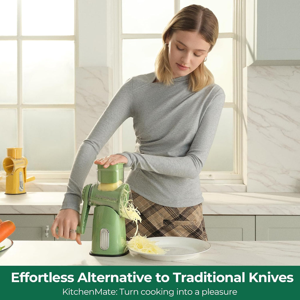 Susteas Rotary Cheese Grater 5 Blades,Kitchen Mandoline Vegetable Slicer | Retro Green, Easy To Clean, Strong Suction Base, 5 Blades Storage Box, Round Mandoline Slicer & Food Chopper For Salad