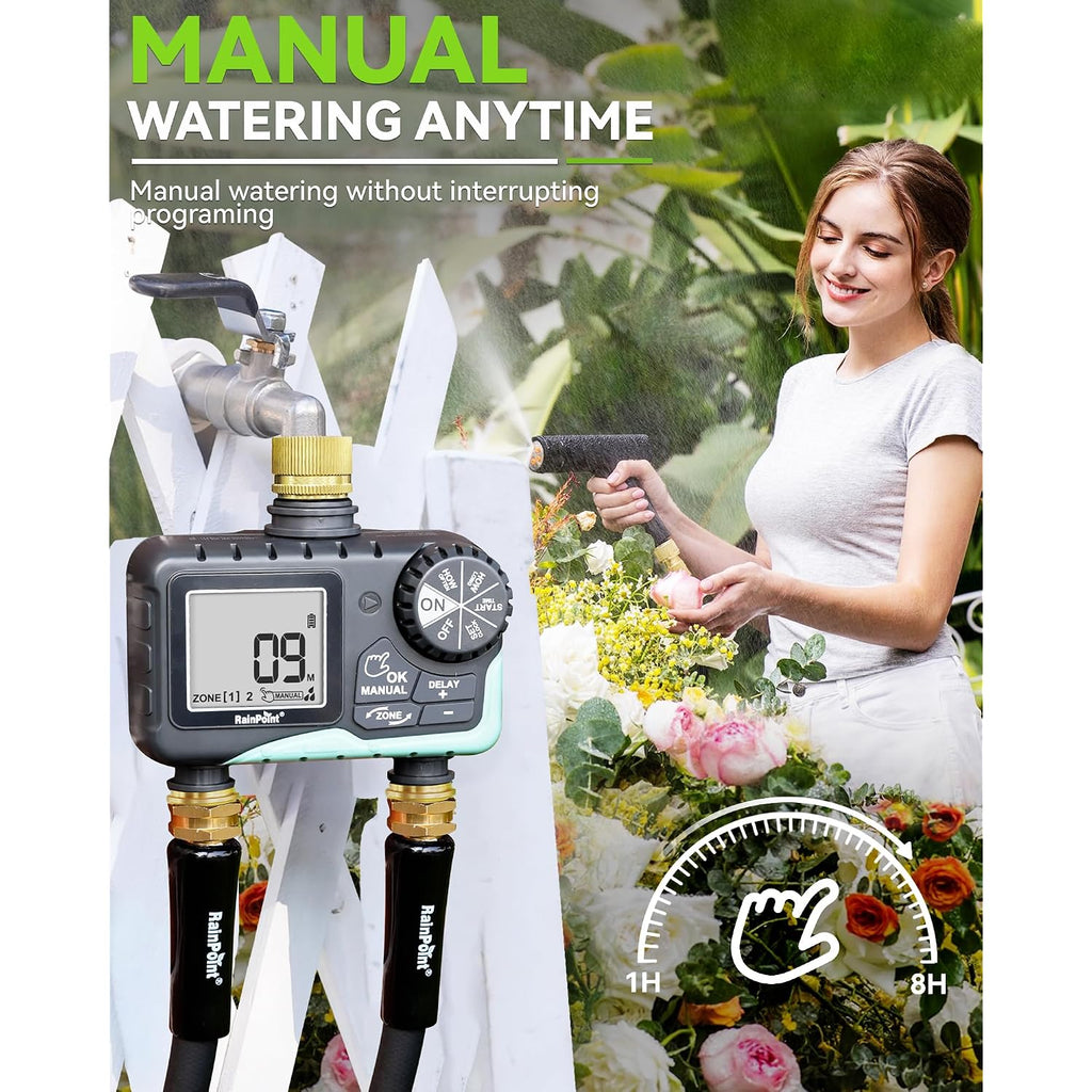 Rainpoint 2 Zone Sprinkler Timer With Brass Inlet And Outlet - Water Timer For Garden Hose With Rain Delay/Manual Watering/Automatic Irrigation Controller System For Yard Lawn Garden(Blue)