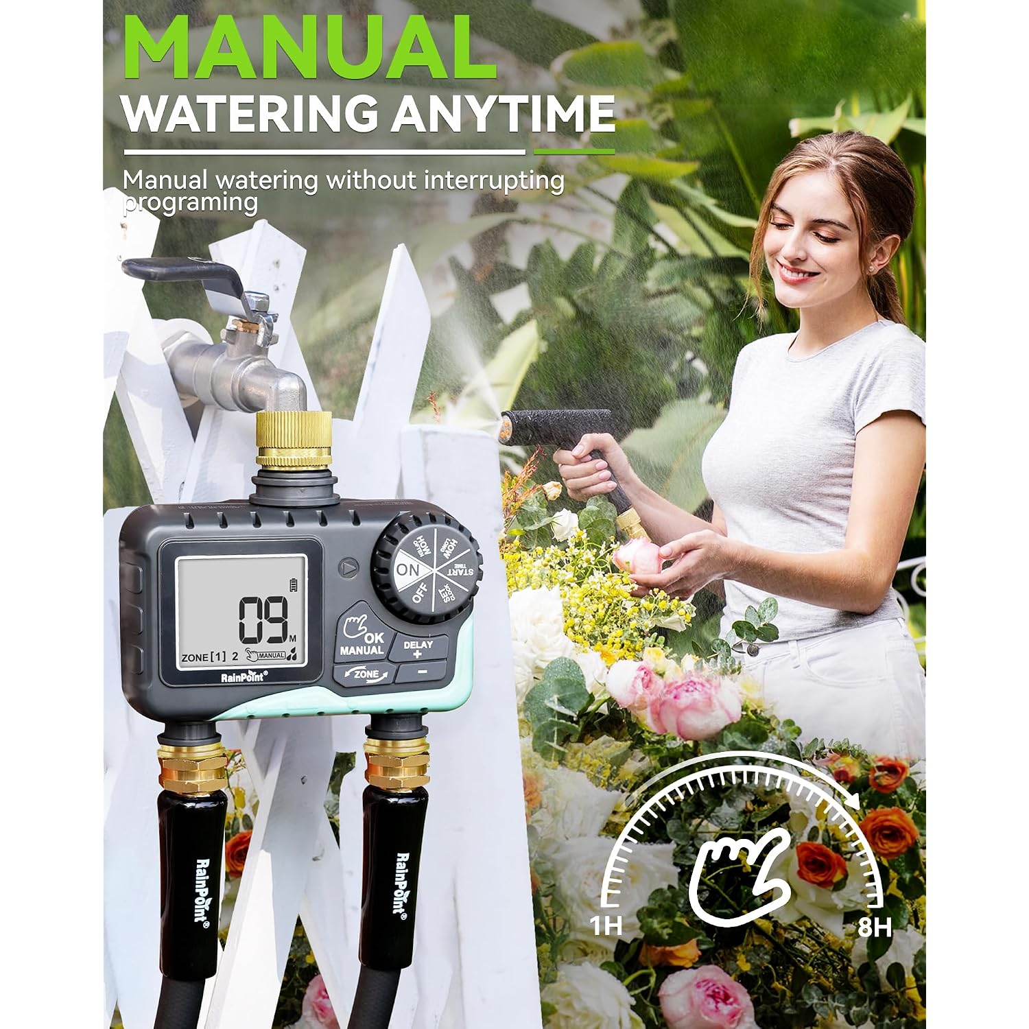 Rainpoint 2 Zone Sprinkler Timer With Brass Inlet And Outlet - Water Timer For Garden Hose With Rain Delay/Manual Watering/Automatic Irrigation Controller System For Yard Lawn Garden(Blue)