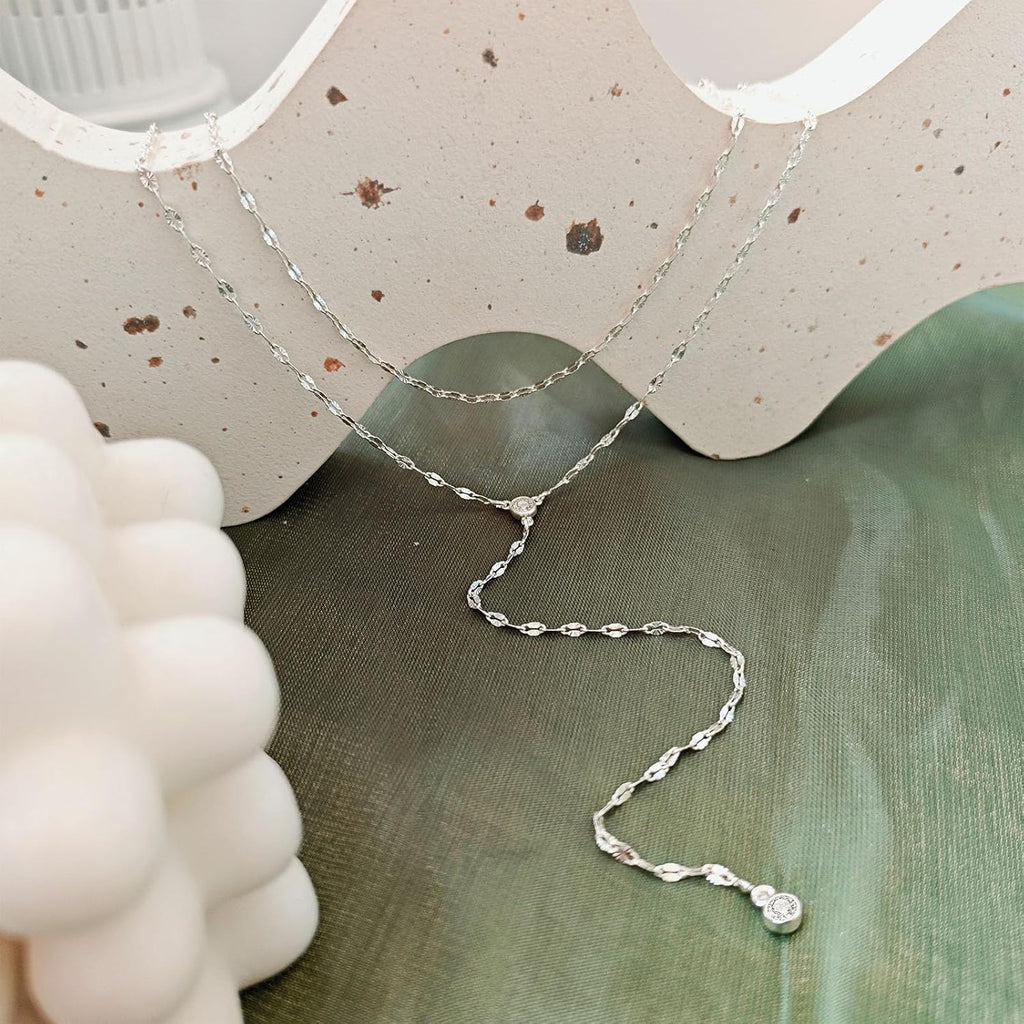 Airmb Lariat Silver/Gold Necklace for Women 925 Silver/14K Gold Plated Dainty Long Necklace Y-Shaped Drop Pendant Necklaces Choker Trendy Chain Simple Layered Necklaces CZ Jewelry for Women Set Gift