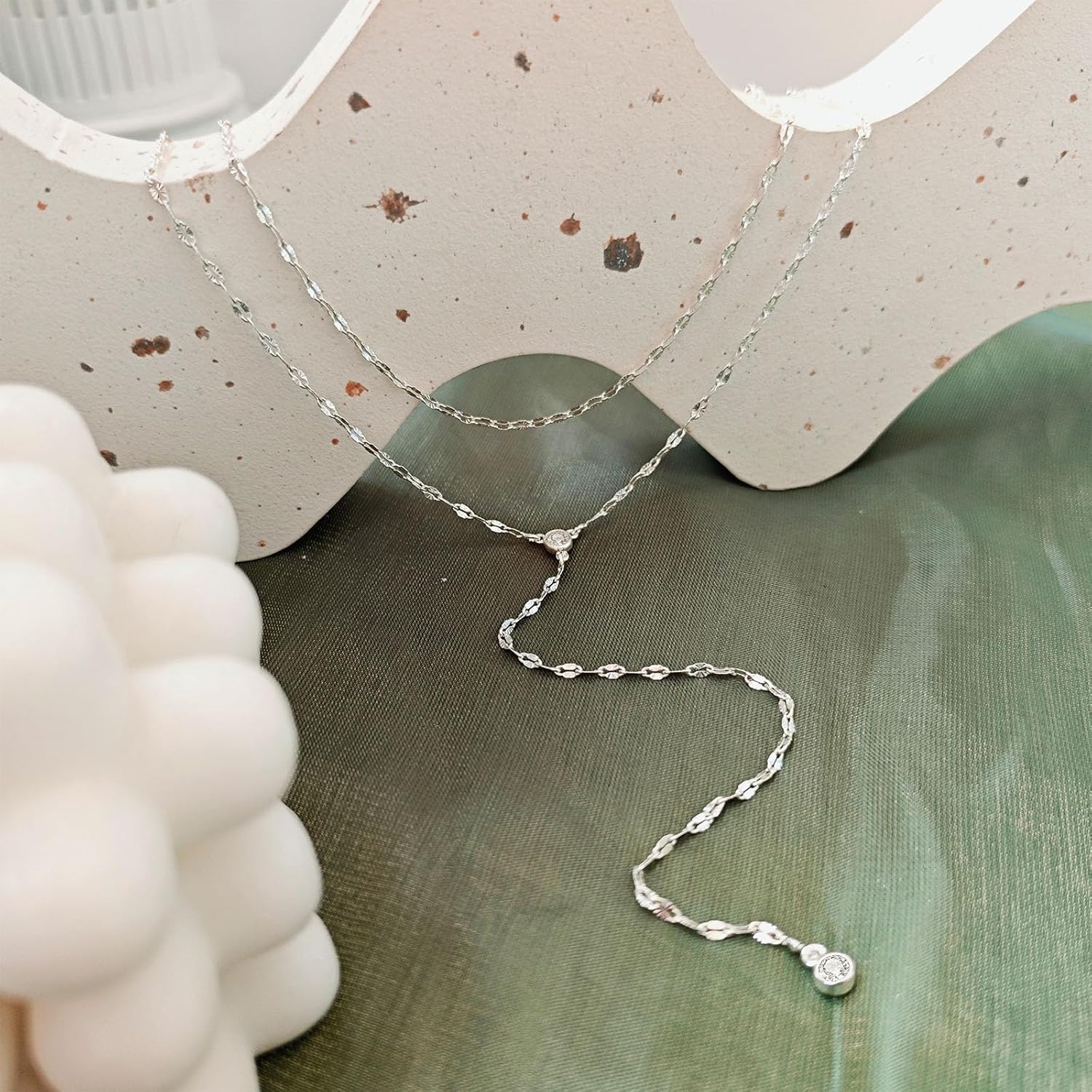 Airmb Lariat Silver/Gold Necklace for Women 925 Silver/14K Gold Plated Dainty Long Necklace Y-Shaped Drop Pendant Necklaces Choker Trendy Chain Simple Layered Necklaces CZ Jewelry for Women Set Gift