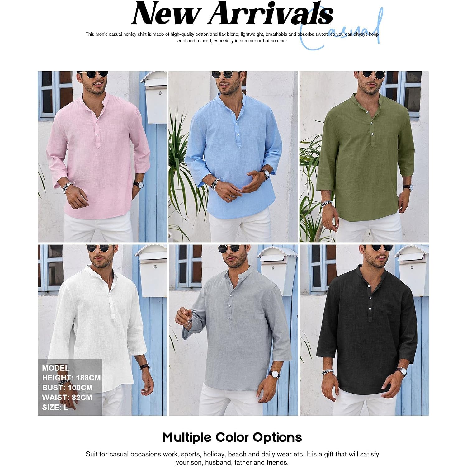 Ryannology Mens Linen Shirts Casual Cotton 3/4 Sleeve Regular-Fit Henley T-Shirt Summer Lightweight Beach Yoga Tops