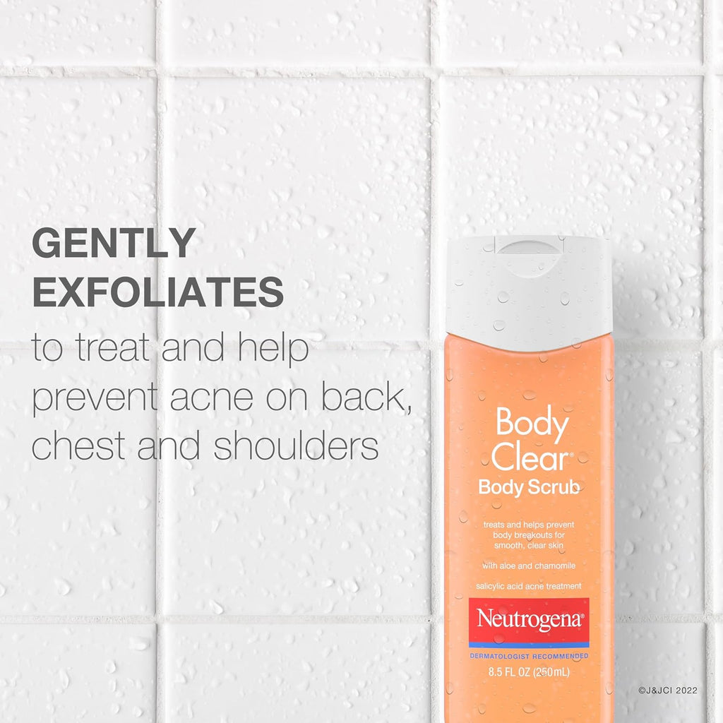 Neutrogena Body Clear Acne Body Wash And Exfoliating Body Scrub, 2% Salicylic Acid Cleanser, Chest, Shoulder & Back Acne Treatment, Non-Comedogenic, Oil-Free Shower Gel, 8.5 Fl Oz