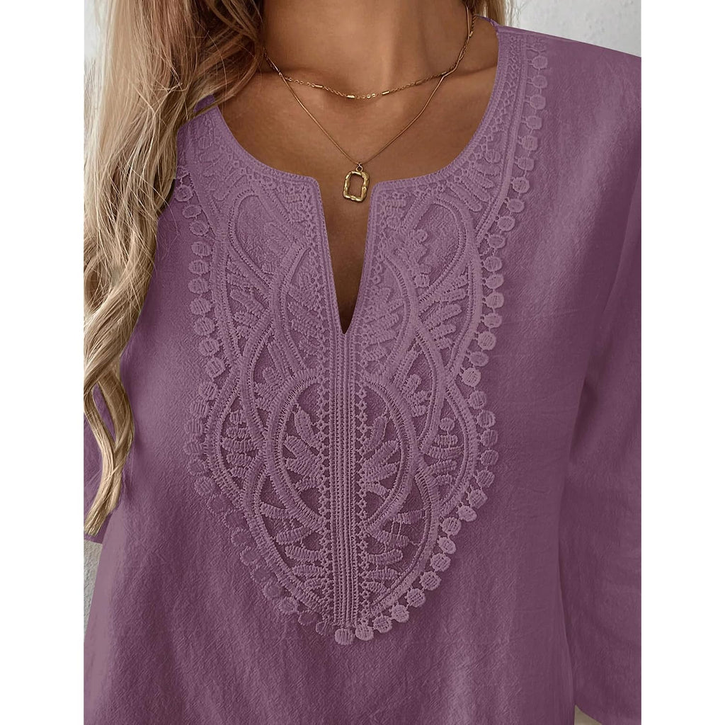 Lomon Womens Short Sleeve Tops Cotton Linen Shirts Loose Casual V Neck Lace Blouses Summer Vacation Clothes