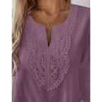 Lomon Womens Short Sleeve Tops Cotton Linen Shirts Loose Casual V Neck Lace Blouses Summer Vacation Clothes
