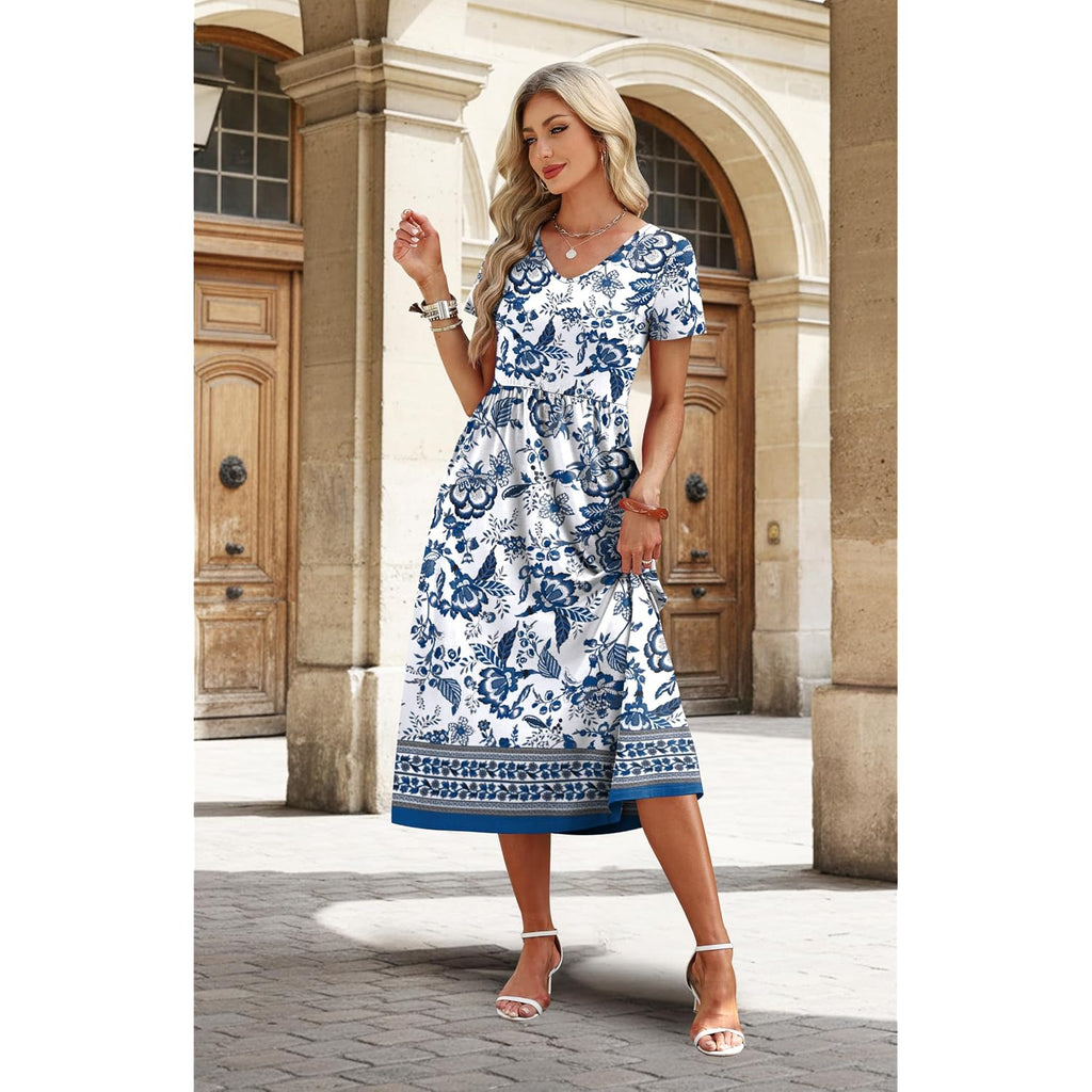 Ofeefan Summer Dresses For Women Flowy Casual A-Line Midi Dress Beach Vacation Sundresses With Pockets S-2Xl