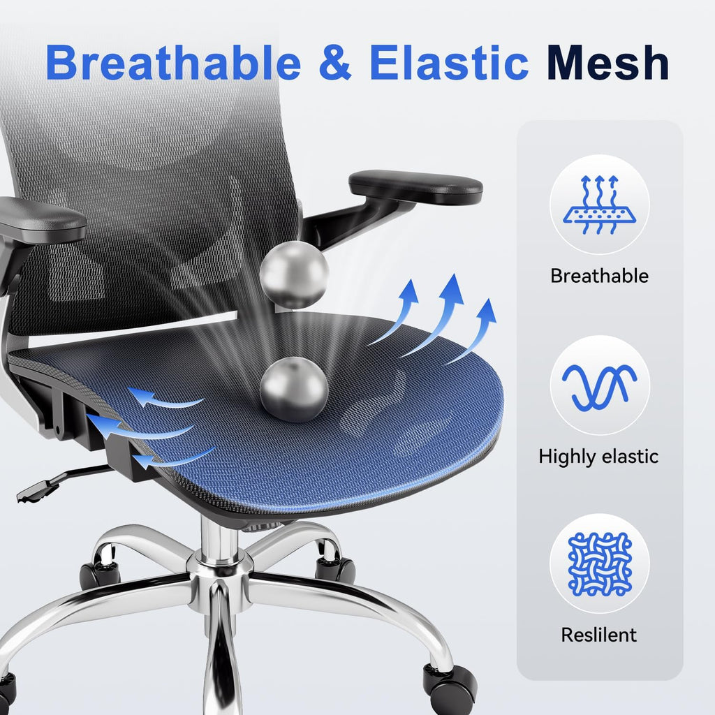 Marrap Ergonomic Office Chair, Mesh Desk Chair With 3D Armrests, Adjustable Lumbar Support And Headrest, 90-120° Rocking Function, Black