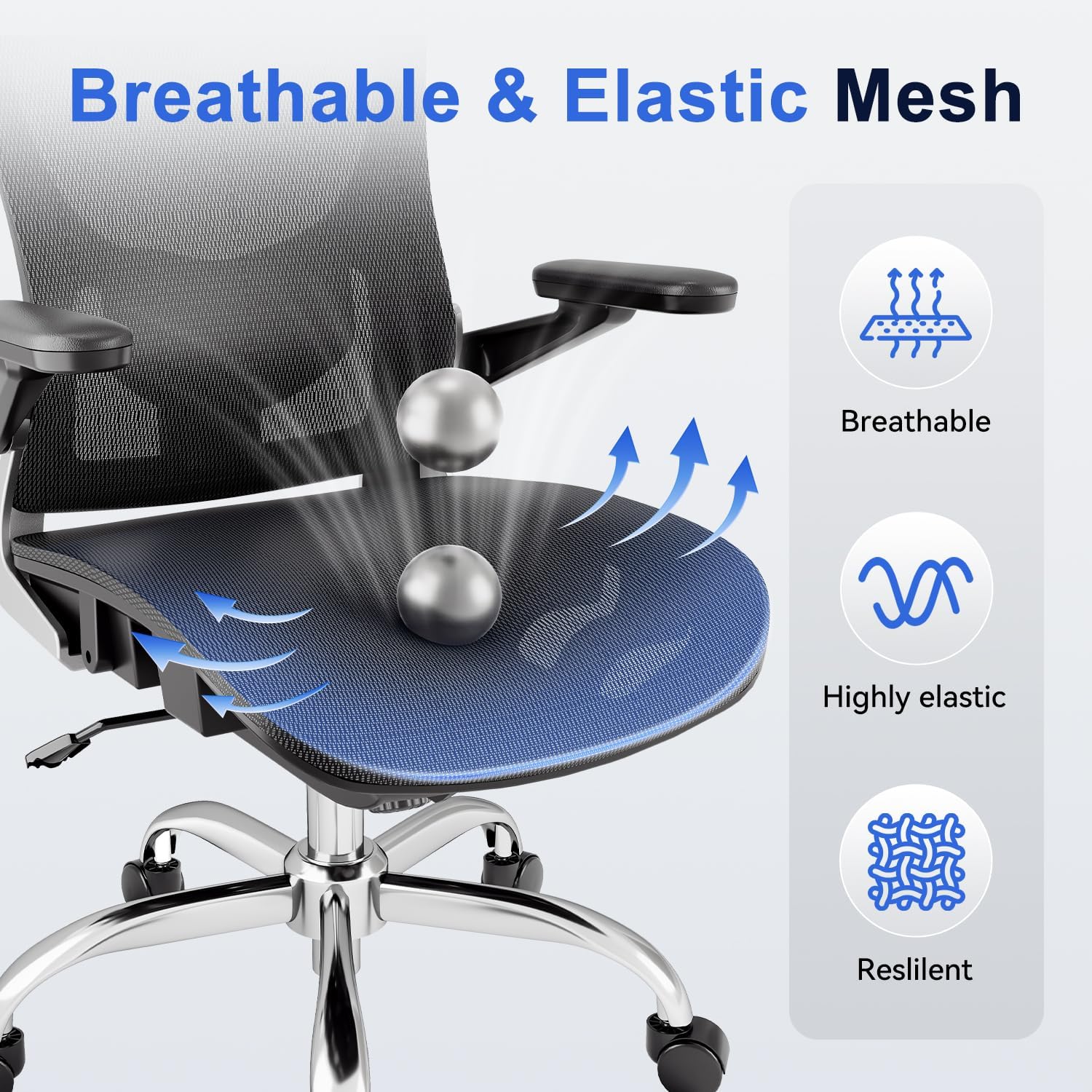 Marrap Ergonomic Office Chair, Mesh Desk Chair With 3D Armrests, Adjustable Lumbar Support And Headrest, 90-120° Rocking Function, Black