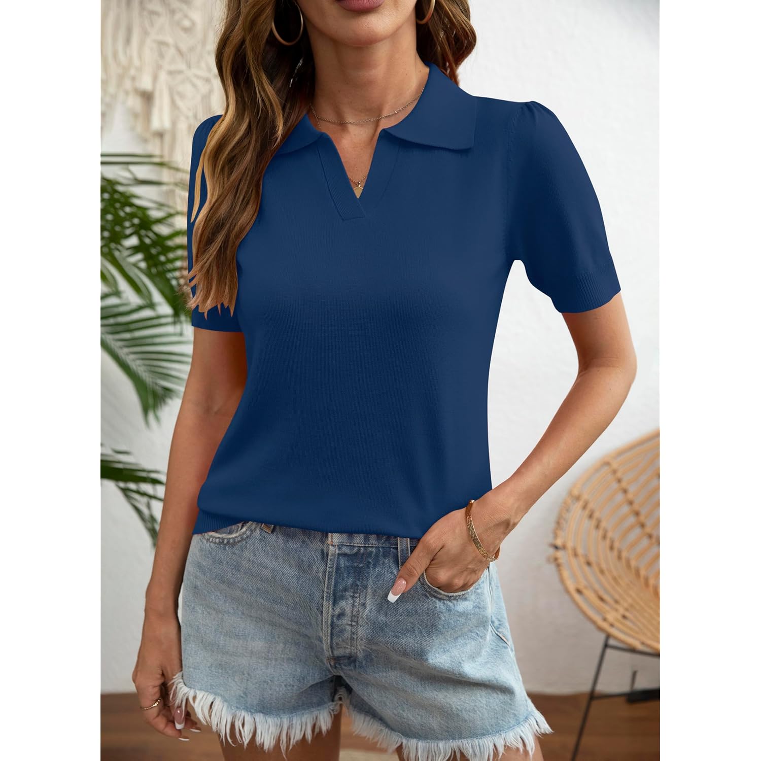 Womens Puff Short Sleeve Polo Sweater V Neck Knitted Tops Casual Ribbed Shirt Pullover Blouse