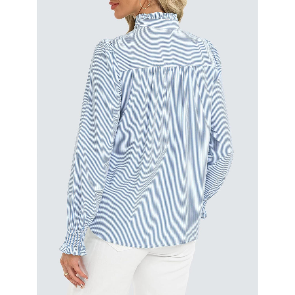 Women's Striped Button Down Shirts Long Sleeve Smocked Cuffed Ruffle Collar Blouses Spring Work Business Casual Tops