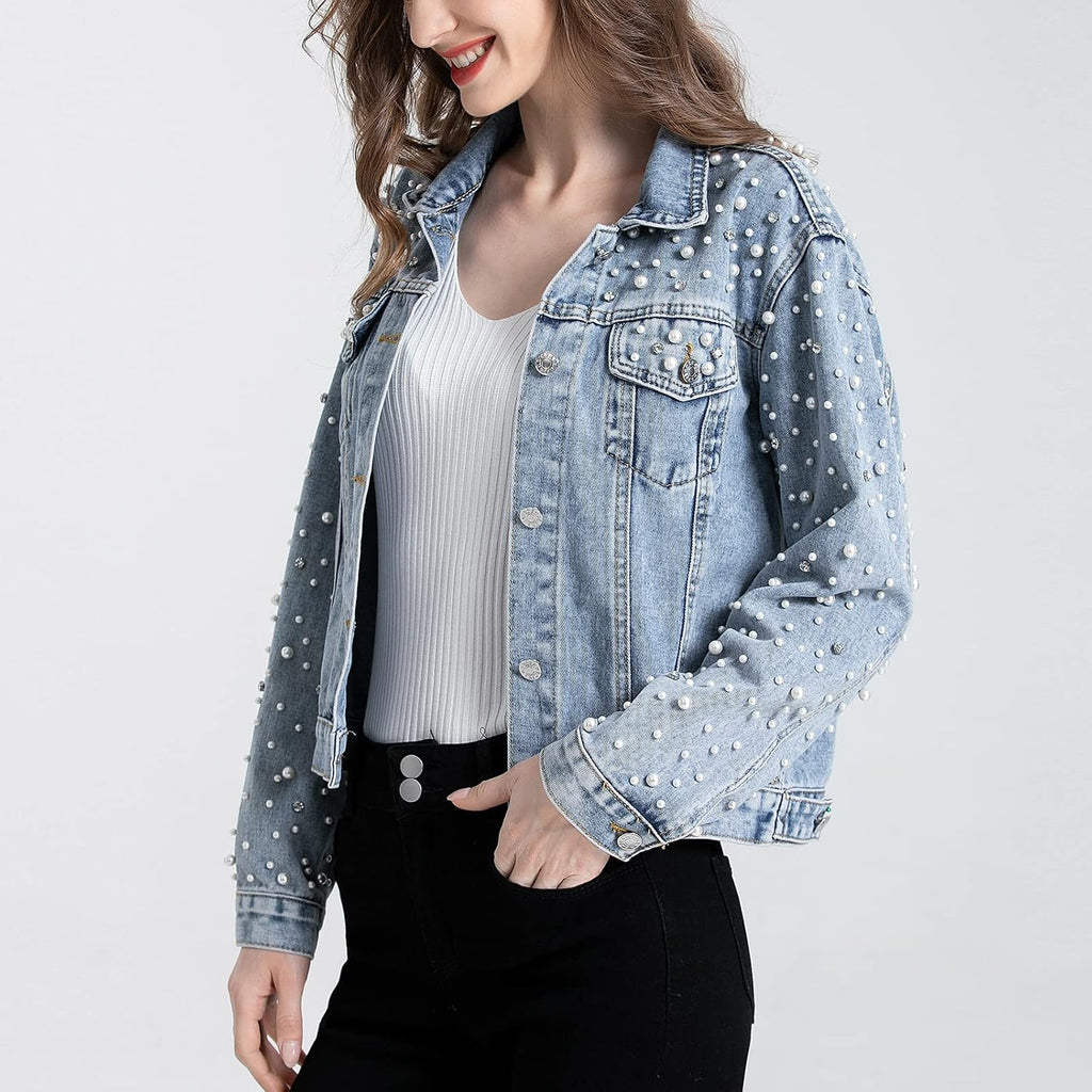 Women'S Pearls Denim Jacket Cropped Rhinestones Jean Jacket Coat