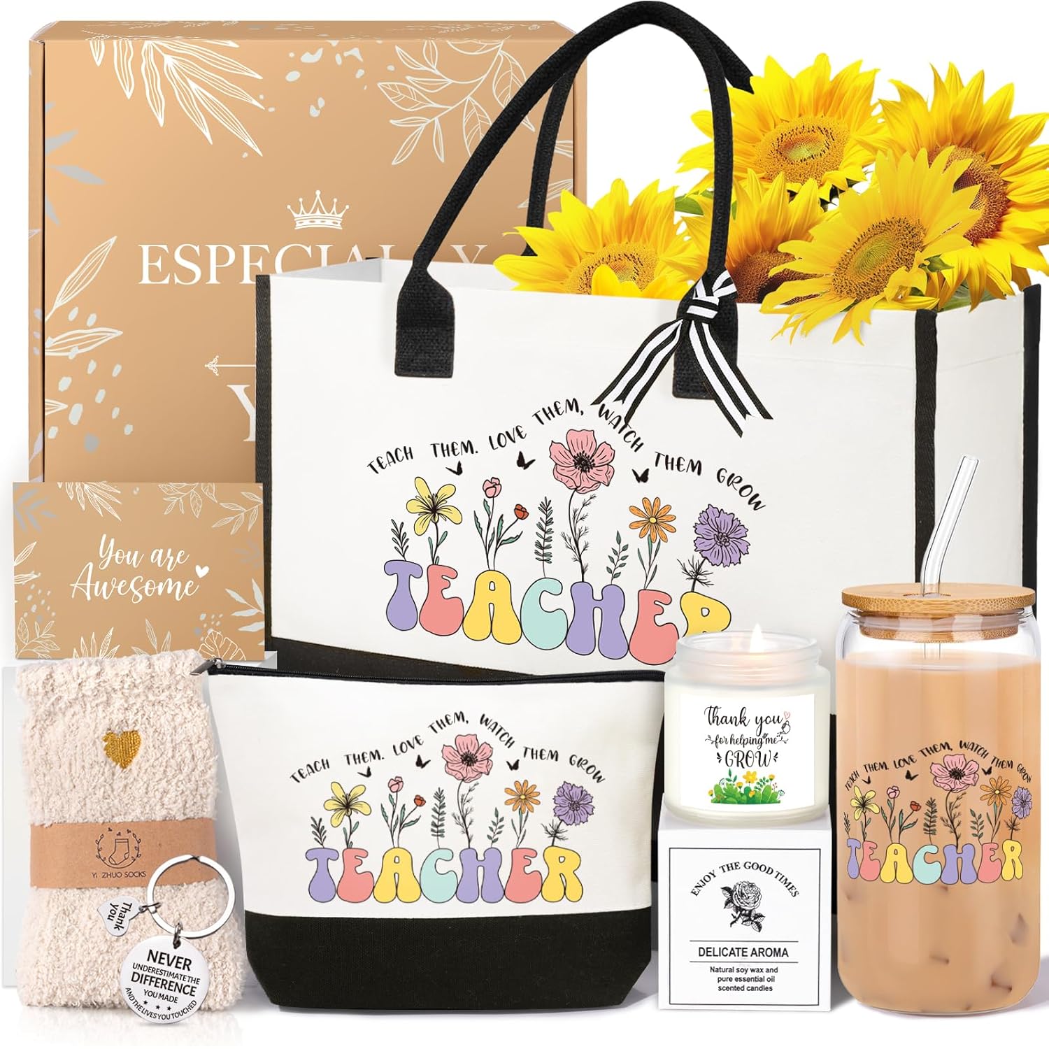 iAOVUEBY Teacher Appreciation Gifts, Best Teacher Gifts for Women, End of Year Teachers Gift from Student, Teachers Birthday Retirement Christmas Thank You Gift Baskets for Women, Canvas Tote Bag