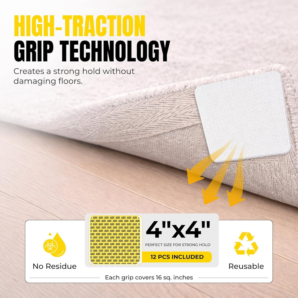 Alien Grip Rug Gripper Carpet Tape - 12pcs, 4x4 in. Anti-Slip Hardwood, Tile Floor, No Damage - Double Sided Reusable, Non Slip Corner Rug Pads - As Seen on TV