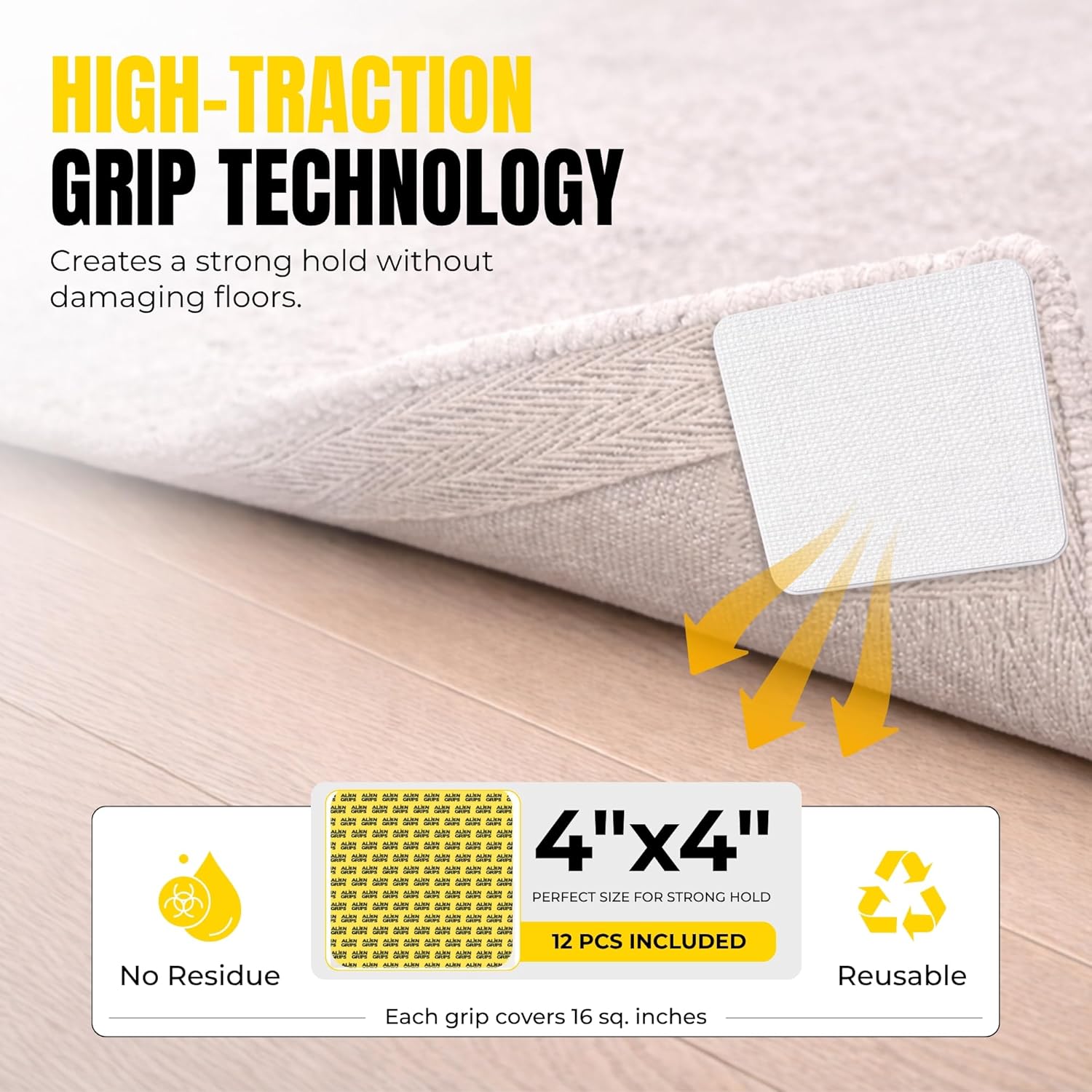 Alien Grip Rug Gripper Carpet Tape - 12pcs, 4x4 in. Anti-Slip Hardwood, Tile Floor, No Damage - Double Sided Reusable, Non Slip Corner Rug Pads - As Seen on TV