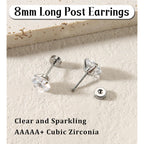 8MM Extra Long Post Earrings for Thick Earlobes 316L Surgical Stainless Steel Flat Back Earrings Hypoallergenic 5A Cubic Zirconia Stud Earrings for Women Men