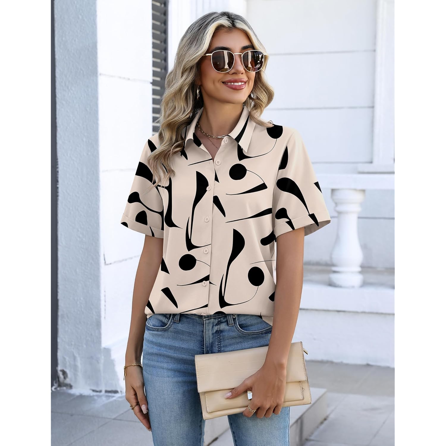 Button Down Shirts for Women Short Sleeve Collared Tops Dressy Casual V Neck Blouses