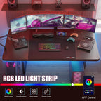 Gtplayer 55 Inch Gaming Desk With Led Lights, Large Computer Desk With Mouse Pad For Home Office, T-Shaped Carbon Fibre Surface Pc Game Workstations With Headphone Hook