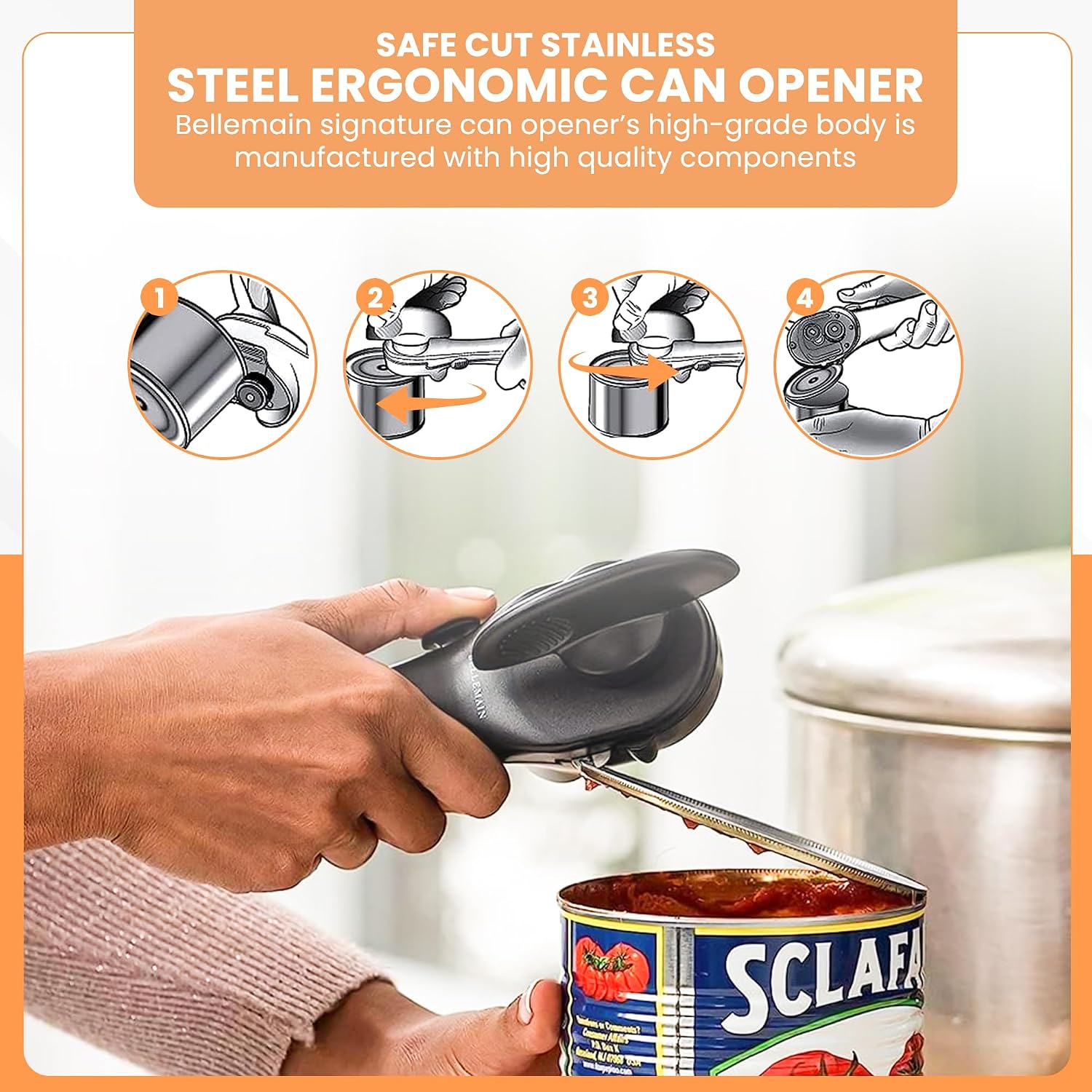 Bellemain Ergonomic Can Opener, Easy Safe-Cut For Seniors & Restaurants