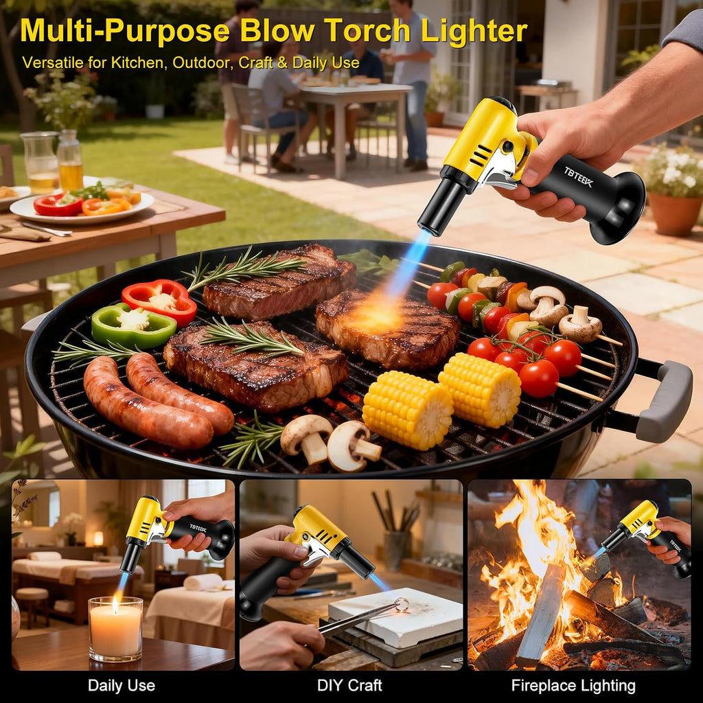 Butane Torch With Fuel Gauge T907, One-Hand Operation Kitchen Torch Lighter With Adjustable Flame For Bbq, Baking, Brulee Creme, Crafts And Soldering(Butane Gas Not Included)