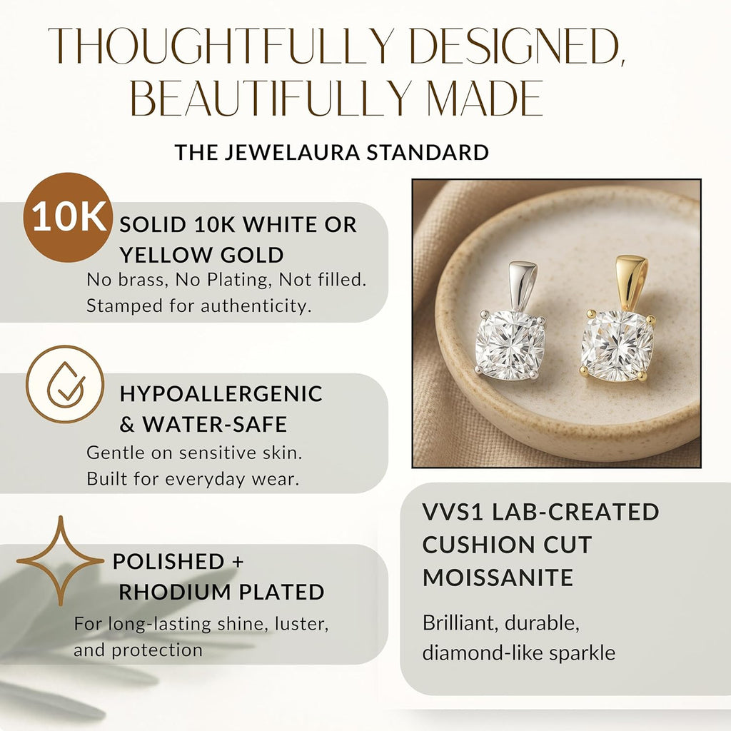 10K Solid White or Yellow Gold Lab Grown Moissanite Solitaire Pendant | Solid Bail | Round, Cushion, Pear, Emerald, Oval Cut | Pendant Only | Fine Jewelry Luxury Gift
