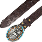 Western-Cowboy-Leather-Belts for Women Turquoise-Oval-Buckle Embossed Cowgirl Belt for Jeans Pants Fit for 27"-41"