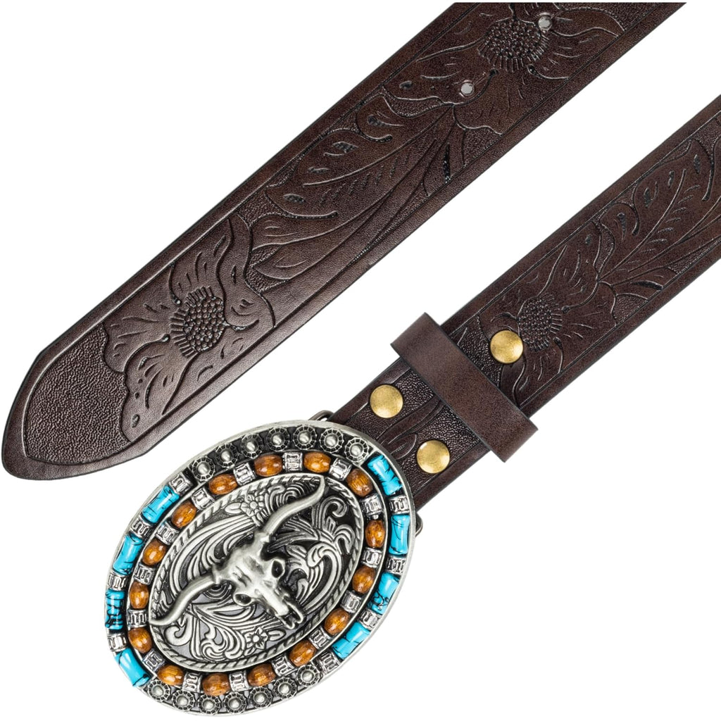 Western-Cowboy-Leather-Belts for Women Turquoise-Oval-Buckle Embossed Cowgirl Belt for Jeans Pants Fit for 27"-41"