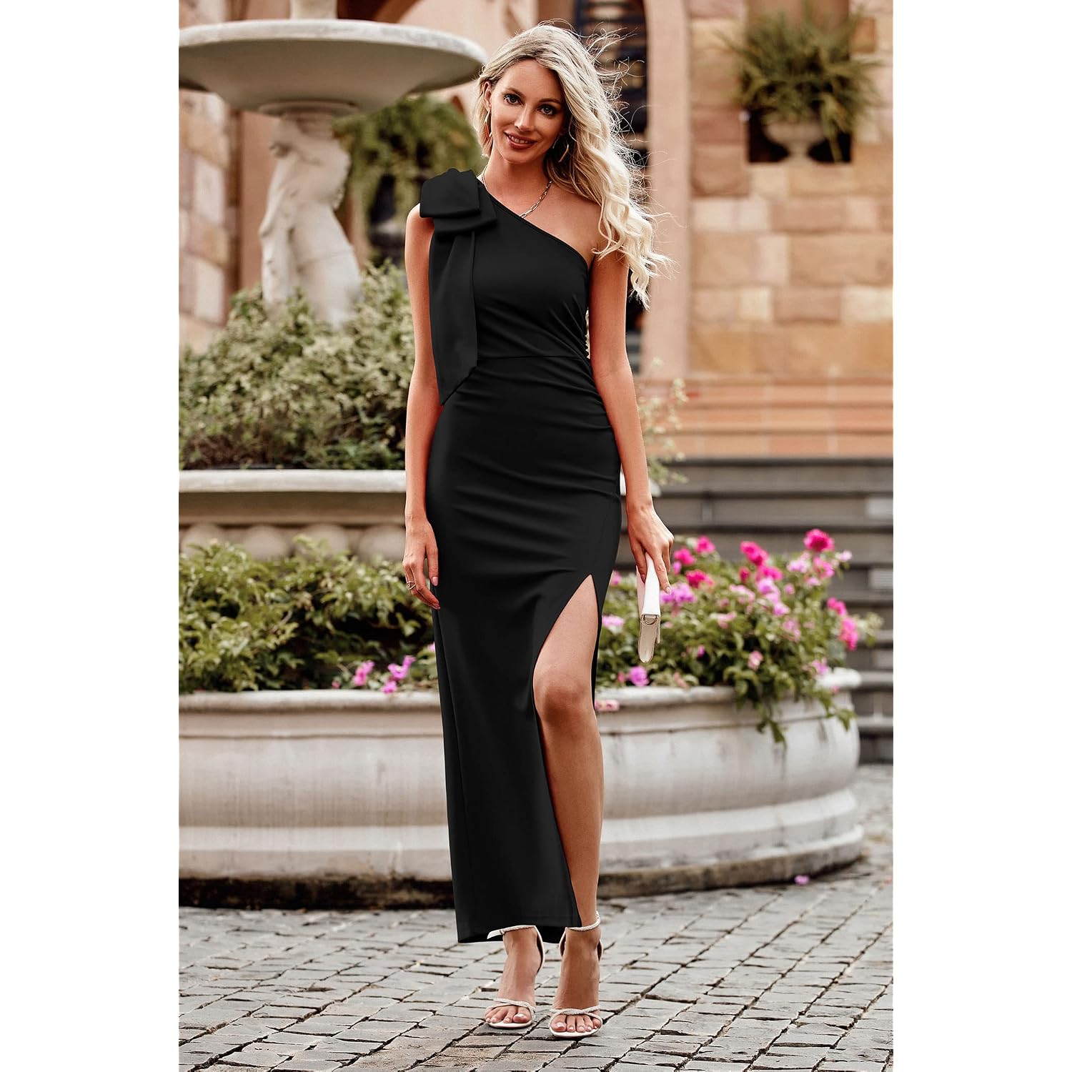 Prettygarden Women'S Summer One Shoulder Long Formal Dresses Sleeveless Ruched Bodycon Wedding Guest Slit Maxi Dress