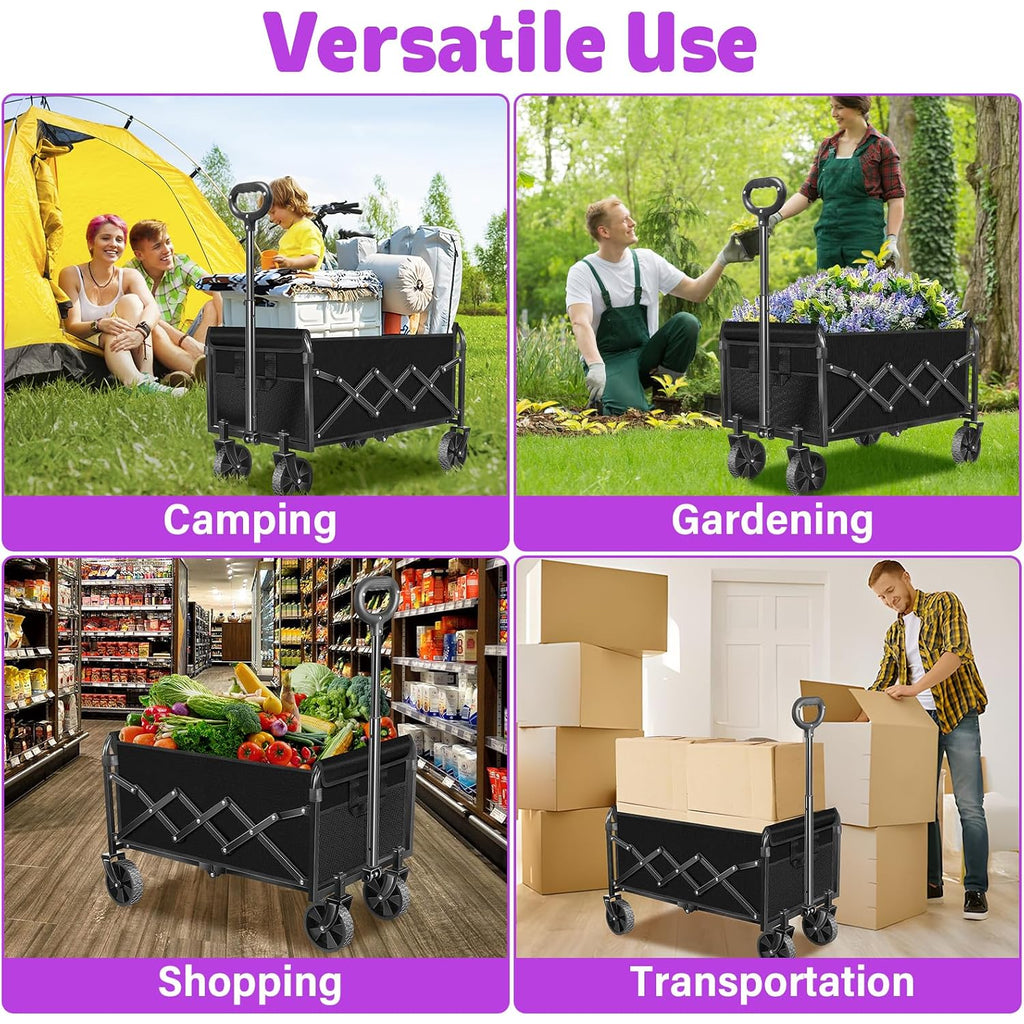 Wagons Carts Foldable,280 Lbs Large Capacity Foldable Wagon Cart Collapsible Wagon With Wheels & Drink Holders,Utility Folding Cart For Camping Garden Beach Picinic Grocery Outdoor Shopping(Black)