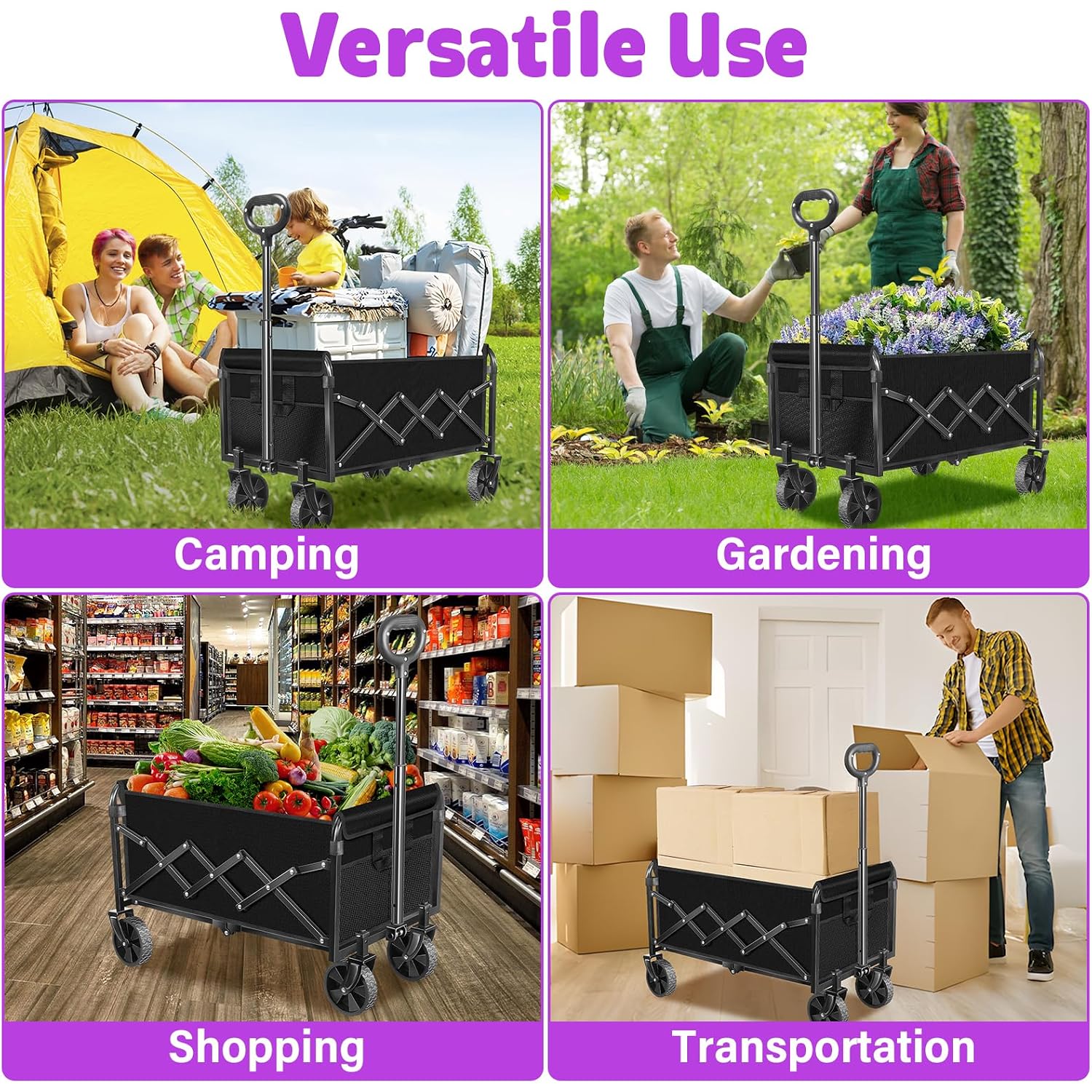 Wagons Carts Foldable,280 Lbs Large Capacity Foldable Wagon Cart Collapsible Wagon With Wheels & Drink Holders,Utility Folding Cart For Camping Garden Beach Picinic Grocery Outdoor Shopping(Black)
