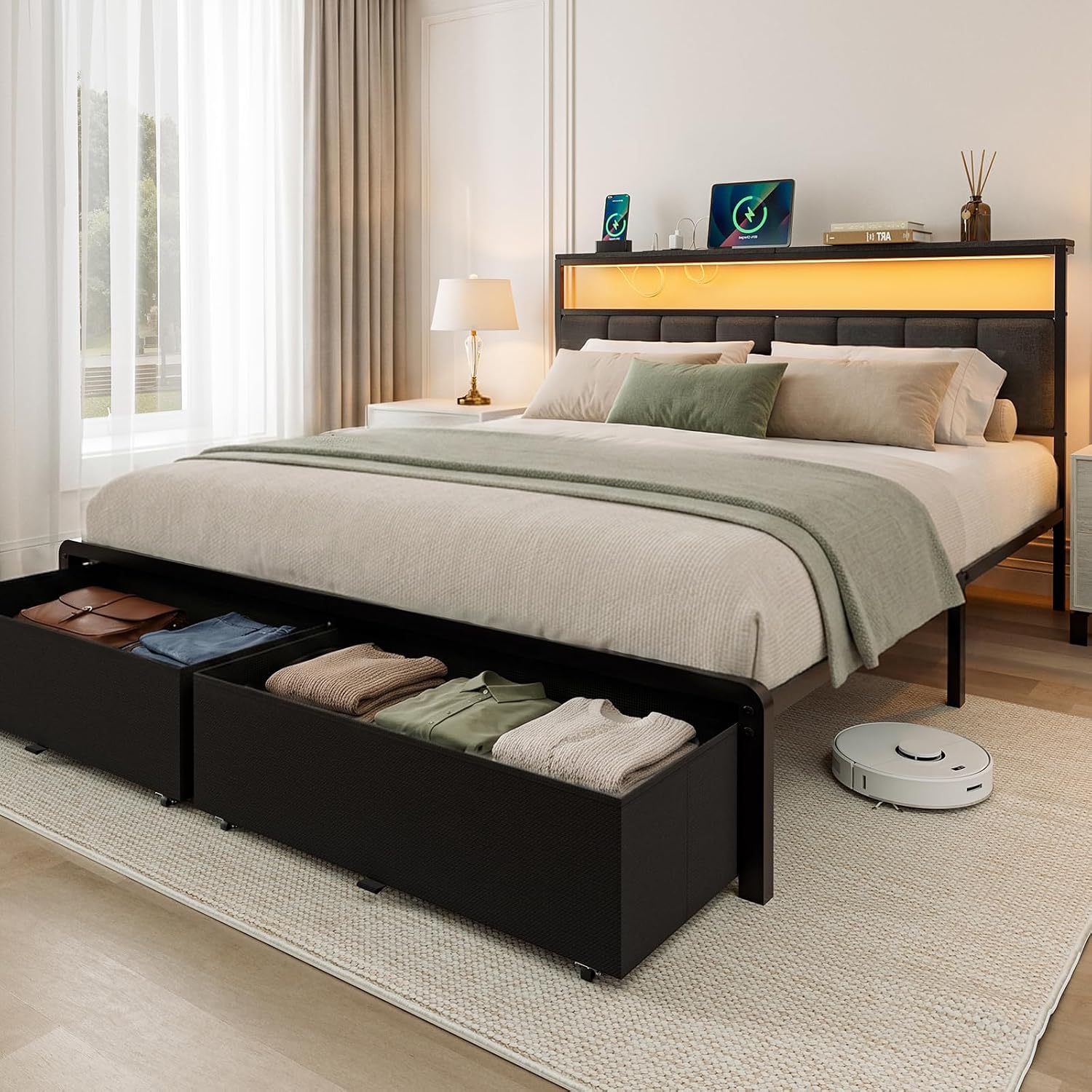 Queen Bed Frame With 2 Storage Drawers, Grey Upholstered