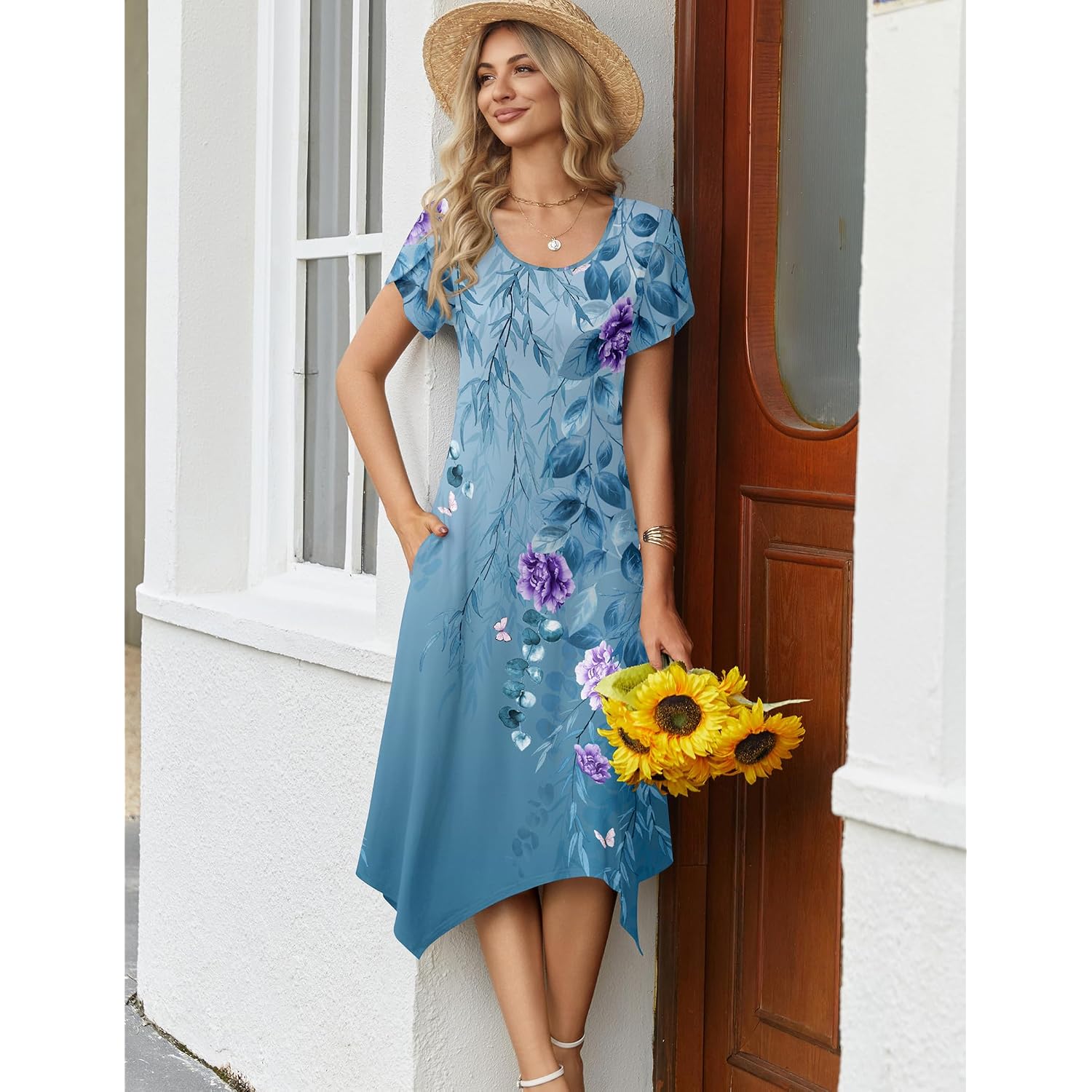 Zeagoo Womens Casual Dress For Summer Short Sleeve Loose Flowy Beach Dress With Pockets Hankerchief Flare Midi Sundress 2026