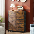 Wlive Tall Dresser For Bedroom With 12 Drawers, Dressers & Chests Of Drawers, Fabric Dressers For Closet, Storage Dresser Organizer With Steel Frame, Wood Top, Rustic Brown Wood Grain Print