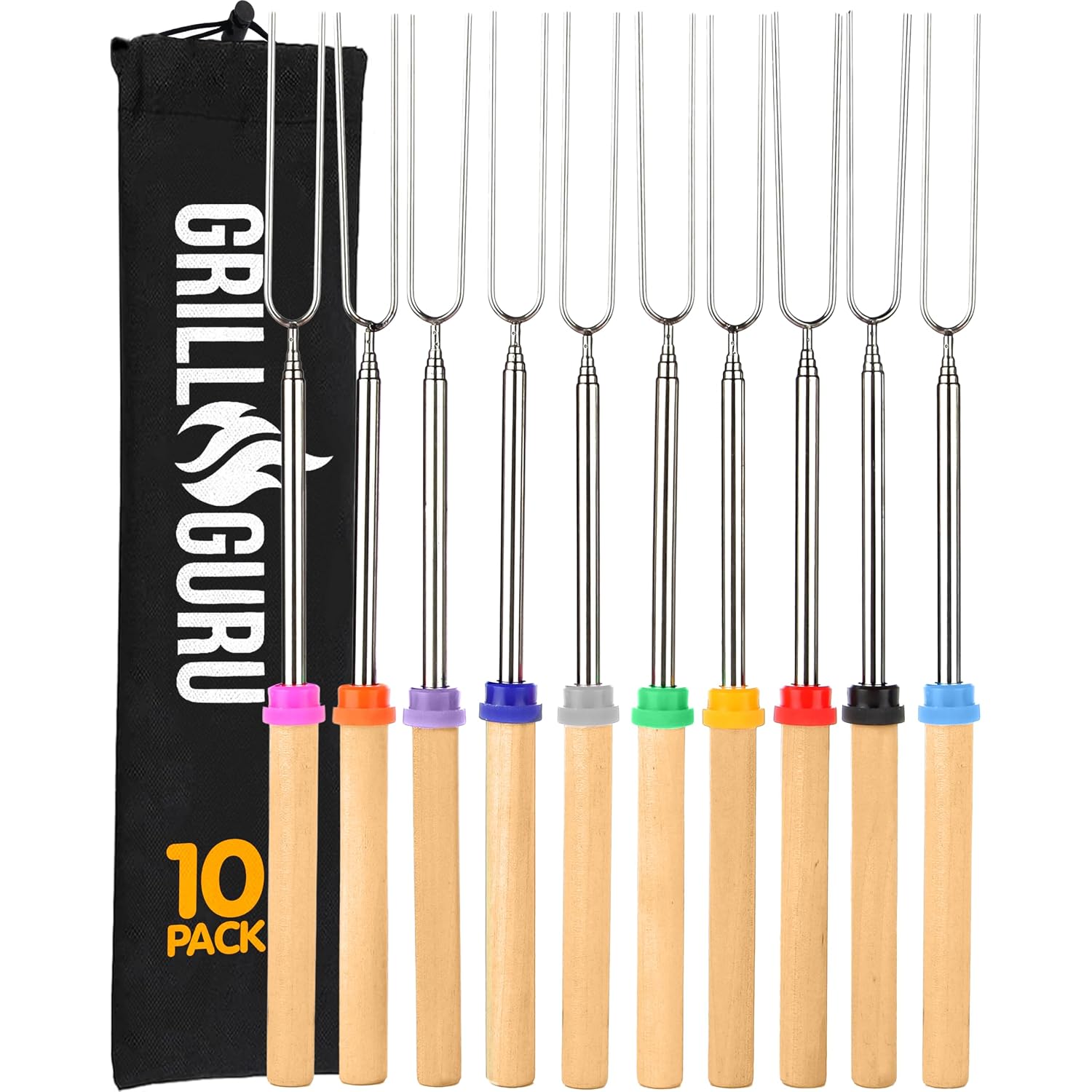 Grill Guru Smores Sticks For Fire Pit - Accessories For Campfire Marshmallow Roasting Sticks Smores Kit Outdoor-Smore Skewers Hot Dog Fork For Outside, Camping Essentials Bonfire Gear Long 32" 10 Pack