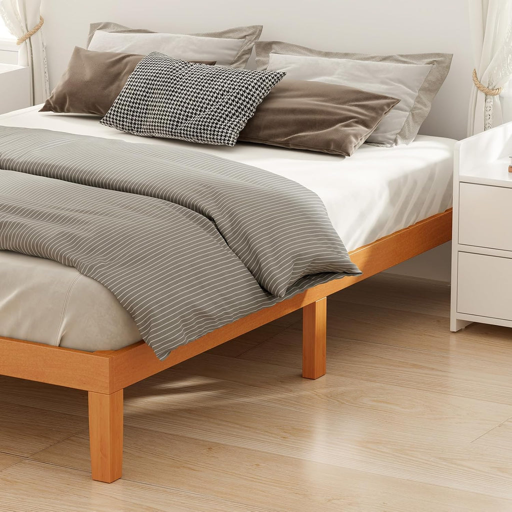 Dumos Full Size Bed Frame, Solid Wooden 12In Platform Bed Base With Sturdy Wood Slat Support, Noise-Free Design, No Box Spring Needed, Easy Assembly, Natural Pine