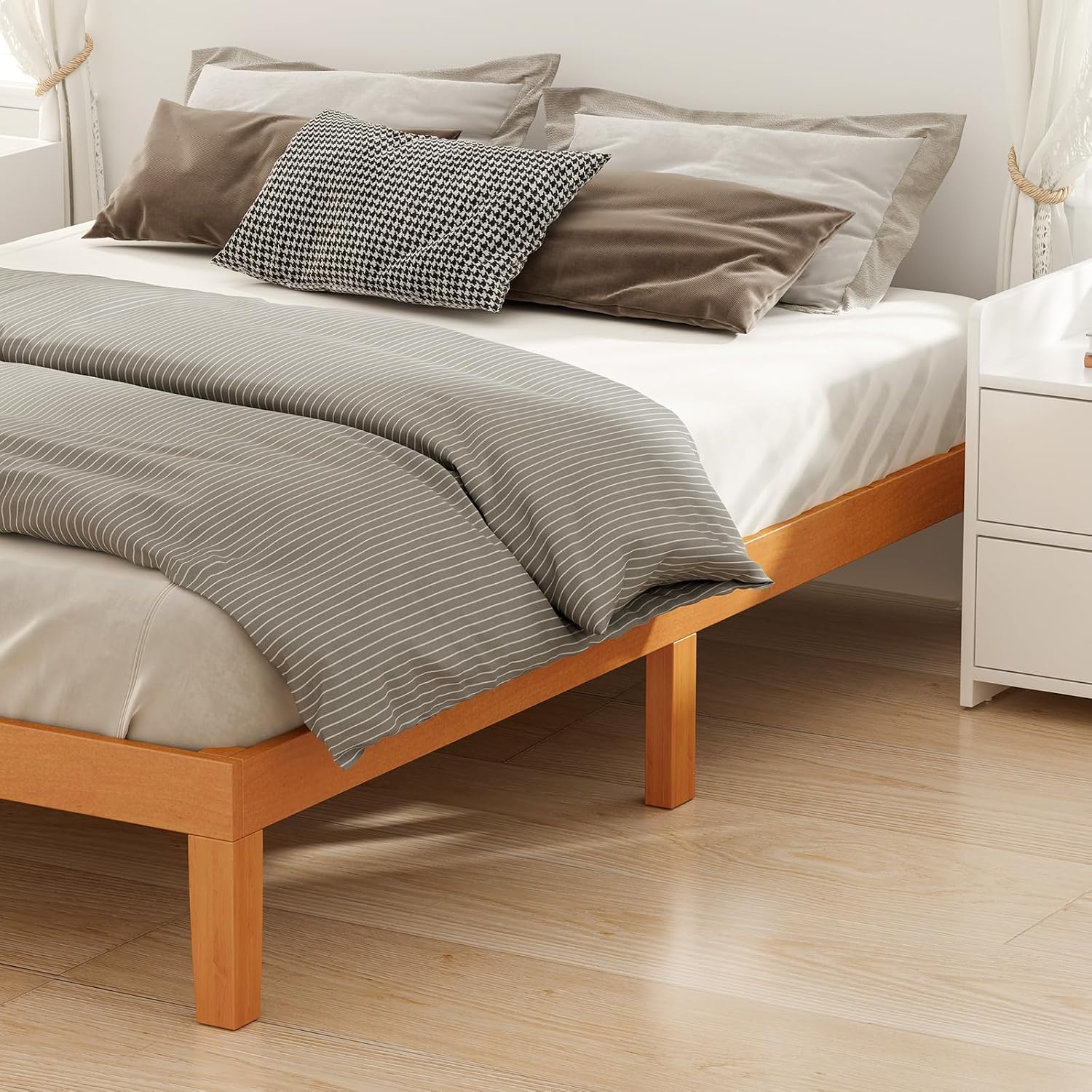 Dumos Full Size Bed Frame, Solid Wooden 12In Platform Bed Base With Sturdy Wood Slat Support, Noise-Free Design, No Box Spring Needed, Easy Assembly, Natural Pine