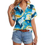 Women's Button Down Shirt V Neck Short Sleeve Blouse Business Casual Collared Summer Tops with Pocket
