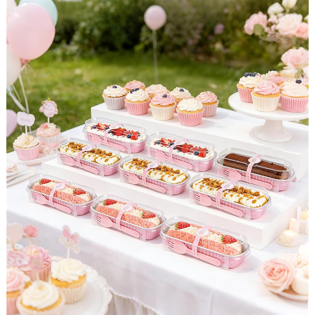 NPLUX Mini Cake Pans with Lids and Spoons, 50 Pack Pink Mini Loaf Pans with Lids, Mini Cake Containers for Baking, Mini Cheesecake and Party Desserts, Individual Cake Pans with Lids