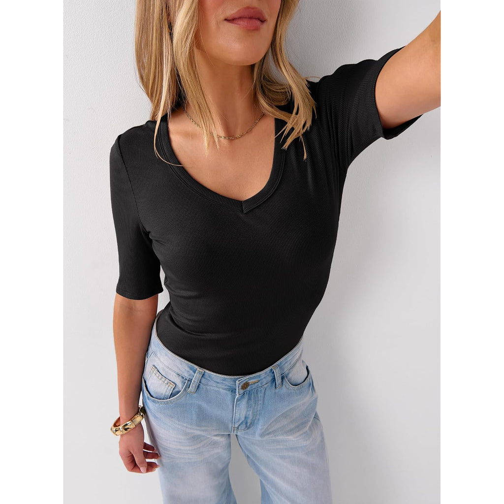 ANRABESS Womens Half Sleeve Tops V Neck Ribbed Knit Slim Fit Basic T Shirts 2026 Summer Casual Tees Spring Trendy Clothes