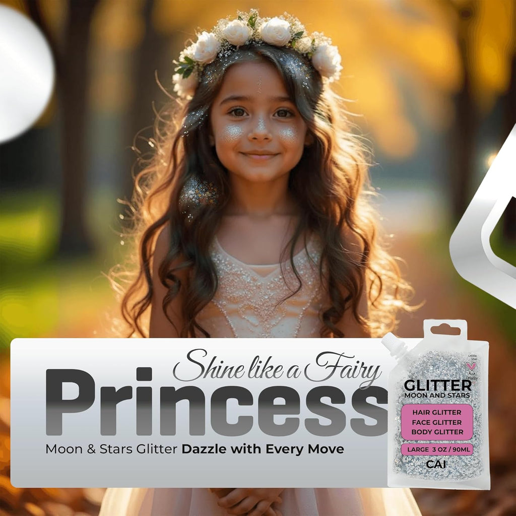 Face, Body & Hair Glitter Gel – Halloween Glitter for Kids and Women – 3 Oz Cosmetic-Grade Gel w/Moon & Stars for Festivals & Halloween Party, Easy Apply & Wash Off - Purple/Silver 2Pack