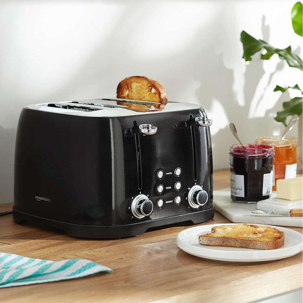Amazon Basics 4 Slice Toaster with 4 Slots, 6 Browning Settings, Defrost, Removable Crumb Tray, Bagel Function, Cancel Button, 1600W, Black