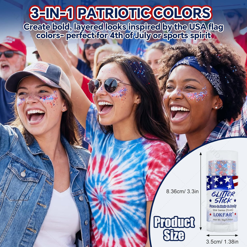 2Pcs 4Th Of July Glitter Stick | Patriotic Red White And Blue Glitter Stick For Face Body Hair, Fourth Of July Accessories & Outfits Women, Usa Flag Makeup For American 250 Anniversary & Memorial Day