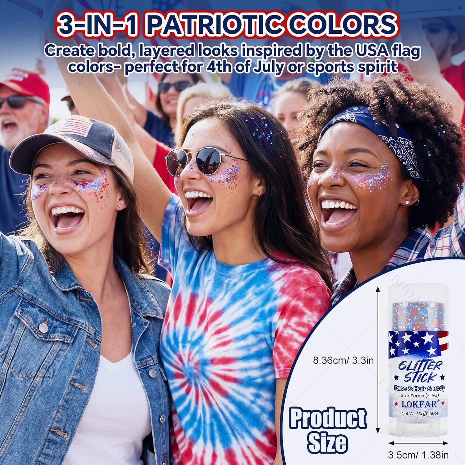 2Pcs 4Th Of July Glitter Stick | Patriotic Red White And Blue Glitter Stick For Face Body Hair, Fourth Of July Accessories & Outfits Women, Usa Flag Makeup For American 250 Anniversary & Memorial Day